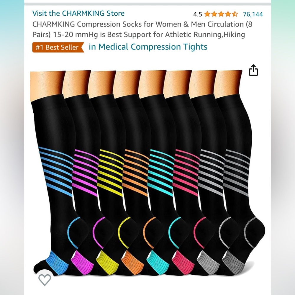 CHARMKING Compression Socks, 8 pairs, 15-20 mmHg